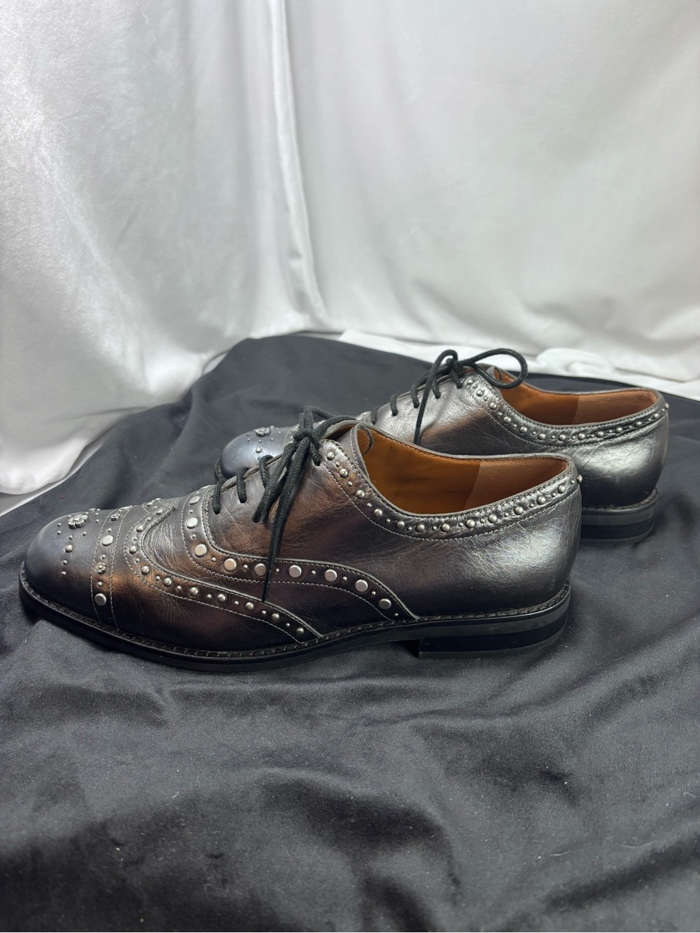 Coach Tegan Oxford Gunmetal Leather Tea Rose Silver Stud Lace Up Shoes W Sz 9 B - Picture 7 of 9